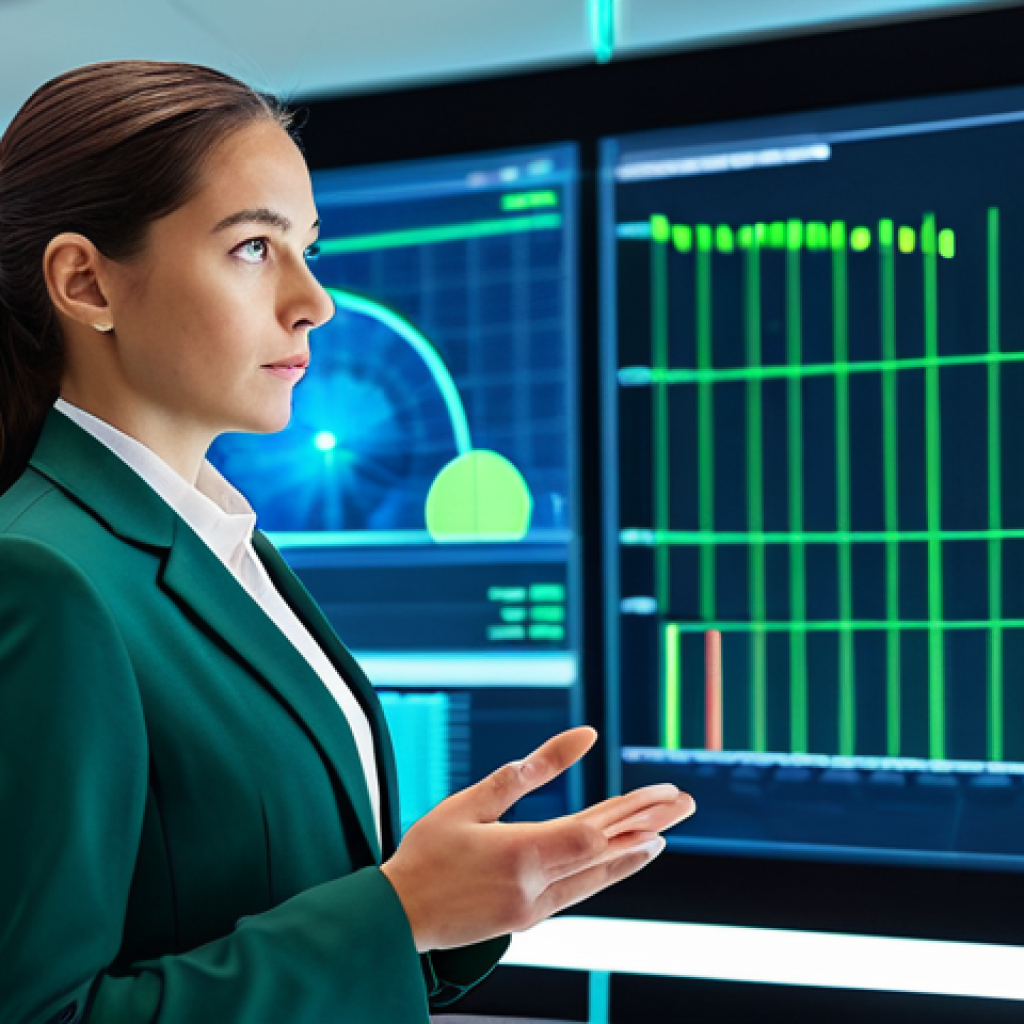 A professional female IT manager, dressed in a modest business suit, stands confidently in a futuristic, clean IT control center. Large holographic displays in the background show predictive analytics and real-time data visualizations with green uptime indicators. She has a natural pose, focused expression, and perfect anatomy. The scene conveys a sense of calm efficiency and advanced technology. Professional photography, high quality, sharp focus, fully clothed, appropriate attire, safe for work, correct proportions, well-formed hands, proper finger count, natural body proportions, family-friendly, appropriate content.