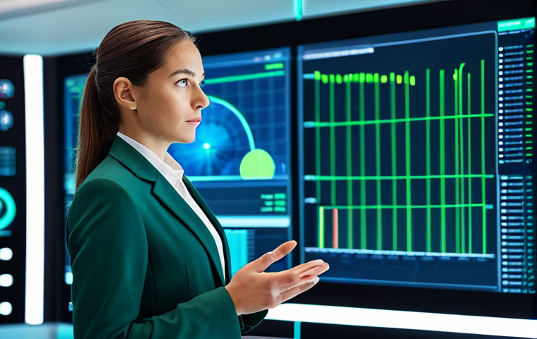 A professional female IT manager, dressed in a modest business suit, stands confidently in a futuristic, clean IT control center. Large holographic displays in the background show predictive analytics and real-time data visualizations with green uptime indicators. She has a natural pose, focused expression, and perfect anatomy. The scene conveys a sense of calm efficiency and advanced technology. Professional photography, high quality, sharp focus, fully clothed, appropriate attire, safe for work, correct proportions, well-formed hands, proper finger count, natural body proportions, family-friendly, appropriate content.