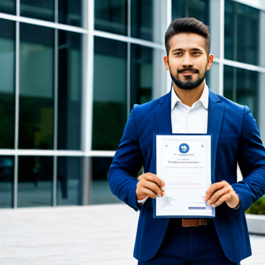 **
"A confident IT professional, fully clothed in business casual attire, standing in front of a modern office building, holding a certificate. Focus on the determined expression and posture conveying success and expertise. Background should be blurred to emphasize the individual. Safe for work, appropriate content, professional, perfect anatomy, natural proportions, high-quality digital art."
**