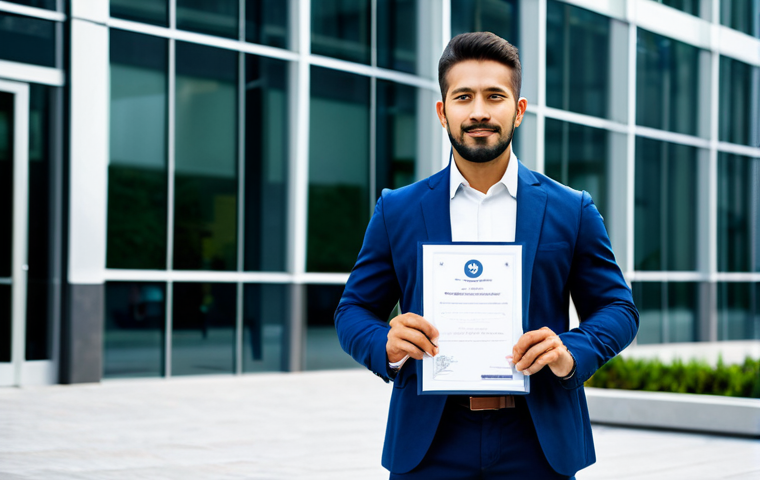 **
"A confident IT professional, fully clothed in business casual attire, standing in front of a modern office building, holding a certificate. Focus on the determined expression and posture conveying success and expertise. Background should be blurred to emphasize the individual. Safe for work, appropriate content, professional, perfect anatomy, natural proportions, high-quality digital art."
**